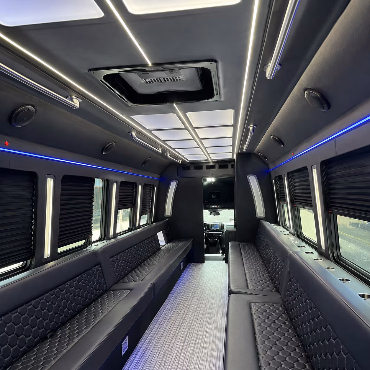 Interior of a party bus rental serving Colorado Springs